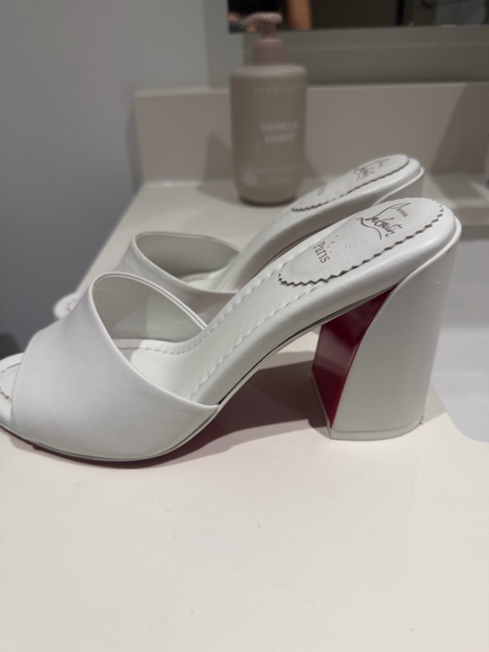 Christian Louboutin White Leather Open-Toe Slide Heels - Picture 2 of 3
